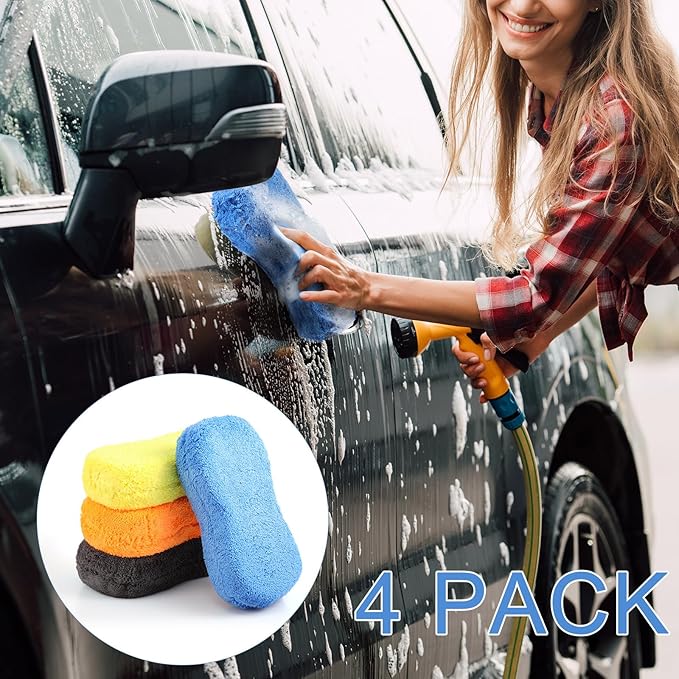 Tanlade 4 Pcs 2 Pack Large Microfiber Car Wash Sponge for Cleaning, Non Scratch Microfiber Sponges for Car Washing Supplies, Trucks and Motorcycles (Orange,Blue,Yellow,Gray)