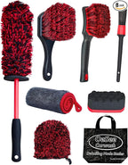 oesee 8PCS Wheel Cleaning Kit with Microfiber Brush & Rubber Grip Tire Brush, Twist Loop Drying Towel, Detailing Brush, Applicator for Car Rim and Tire Care