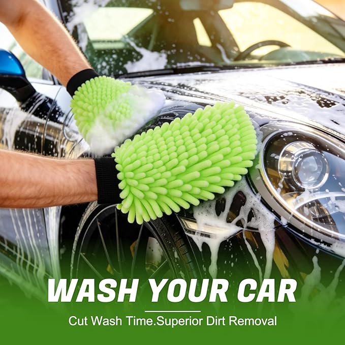 JUSTTOP Premium Microfiber Car Wash Mitts, 2 Pack Scratch-Free Wash Mitts, Ultra-Soft Microfiber Gloves for Cars, Trucks, SUVs, Motorcycles (Green)
