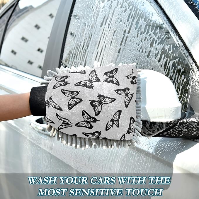 Qilmy Black Butterfly Pattern Microfiber Chenille Car Wash Sponge Scratch Free Car Wash Mitt Absorbent Mitt Sponge for Trucks SUVs Car Washing Home Cleaning, Medium