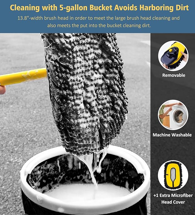 YeewayVeh Car Wash Brush Mop with Long Handle, 55" Car Wash Brush with 2 Replaceable Microfiber Mop Heads, 15° Curved Extension Pole Auto Cleaning Wash Kit for Truck SUV RV Camper, Yellow