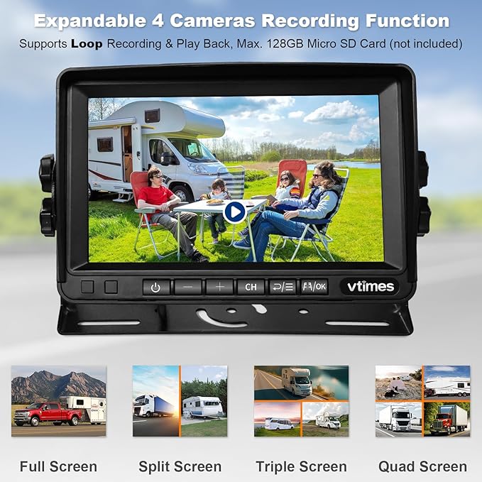 Wireless Backup Camera for Trucks, RV Backup Camera Wireless with 7" HD Monitor, 4 Channels Split Screen, BSD Alert, 984ft Signal Range, IP69K Waterproof IR Night Vision Wide Angle, DIY Guide Lines