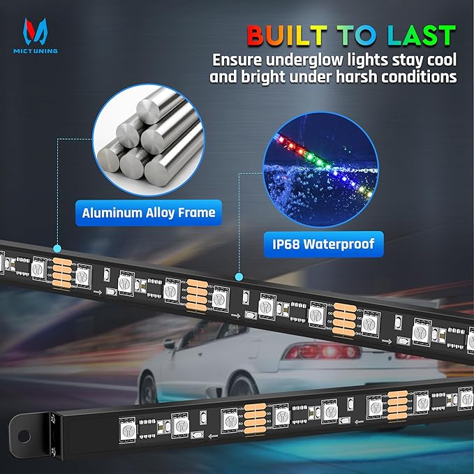 MICTUNING 8Pcs N8+ RGBW Underglow LED Lights for Cars, APP & Remote Dual Control, IP68 Waterproof Aluminum Multicolor Modes Music Soundsync Exterior Neon Accent Car Underglow Kit, 2 Years Warranty