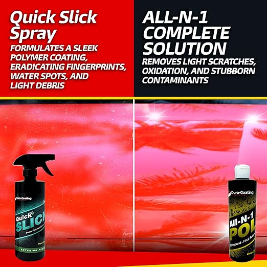 Dura-Coating Metal & Paint Bundle - Blue Premium Metal Polish, All-N-1 Car Polish, Crazy Suds Auto Wash, Wheely Clean Spray, and Quick Slick Polymer Spray, with 4 Polishing Pads & 1 Microfiber Towel