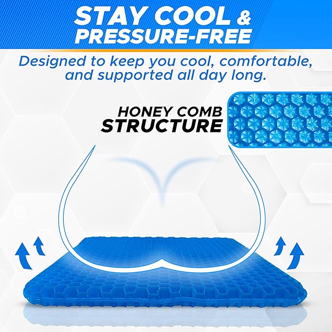 EcoNour Gel Seat Cushion for Long Sitting – Blue | Double-Layer Honeycomb Gel Cushion for Office Chair, Car & Wheelchair | Pain Relief for Tailbone, Sciatica & Back Support