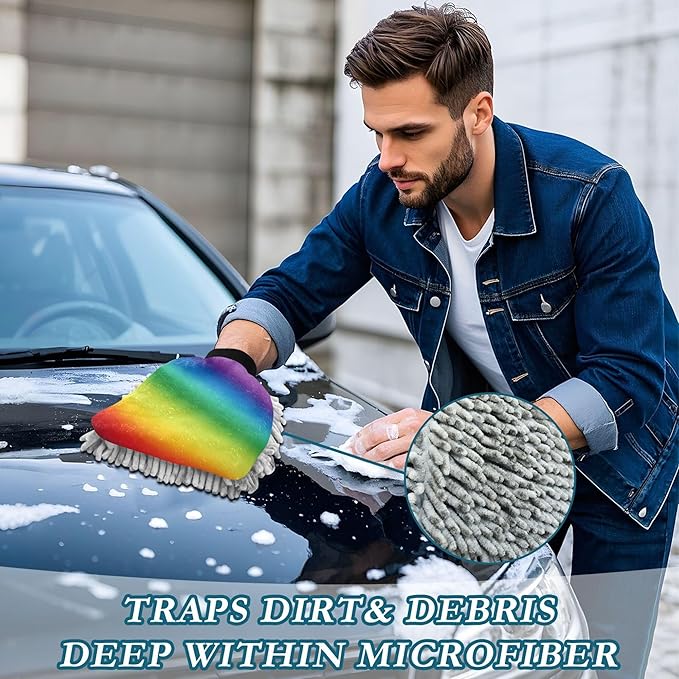 Wudan Rainbow Wash Mitt Microfiber 11.8'' Car Mitts for Washing Scratch Free Detailing Gloves for Auto Cleaning