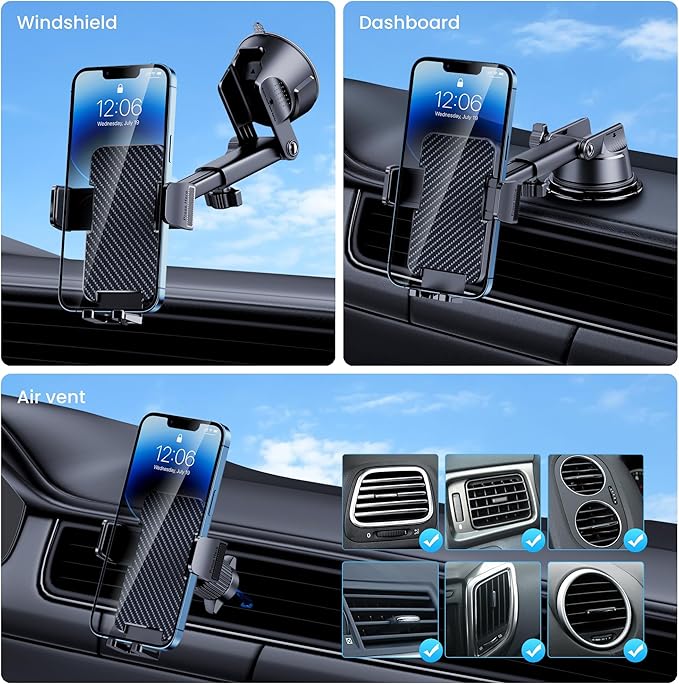 GUWEZ Phone Holders for Your Car [Military Grade Suction Ultra Strong Base] Cell Phone Car Holder 3 in 1 Dashboard/Windshield/Air Vent Hands-Free for iPhone Android