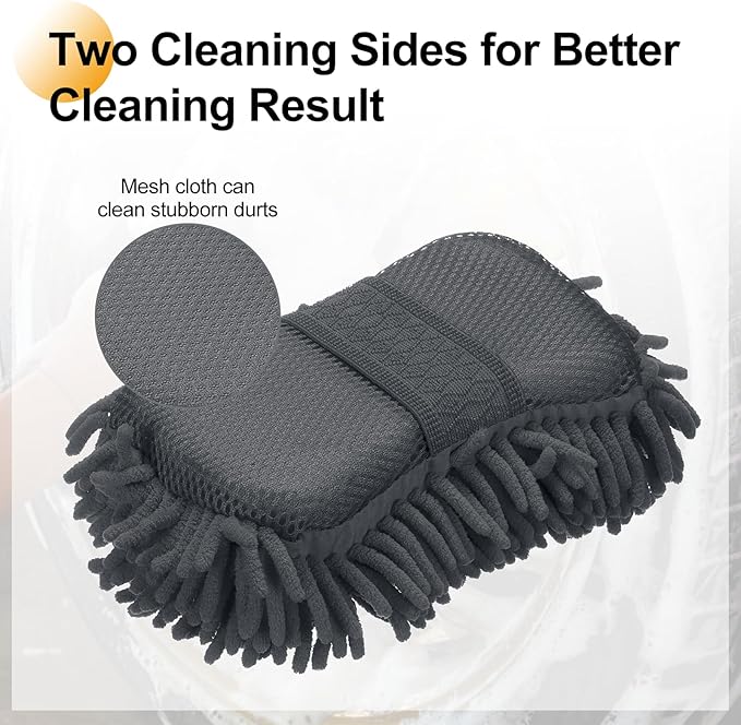 HARFINGTON Car Wash Sponge 9.1" x 4.7" Chenille Microfiber Mitt Scratch-Free Absorbent Scour Scrubber Cleaning Sponge for Washing Detailing on Cars, Trucks, SUV, Boats, RVs, Gray