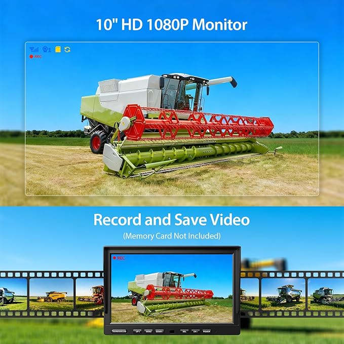 ZEROXCLUB 2 Wired Rear View Backup Camera System, 10" 1080P Monitor IP69K Waterproof Vibration-Proof 10G Reverse Camera, Quad Split Screen for Tractor, Truck, Trailer, Combine, Heavy Equipment, BH102