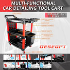 Auto Detailing Cart with Wheels, 3 Tier Rolling Detail Cart with Long Hanging Plate & Hooks & Hanging Bucket & Cat Ear Basket, for Detailers Garage, Workshop, Repair Shop, Storage Tool