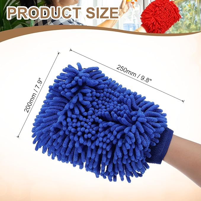 HARFINGTON Chenille Microfiber Car Wash Mitts 9.8" x 7.9" Scratch Free Wash Gloves Absorbent Double Sided Plush Cleaning Drying Mitts for Car Washing Home Clean, Blue