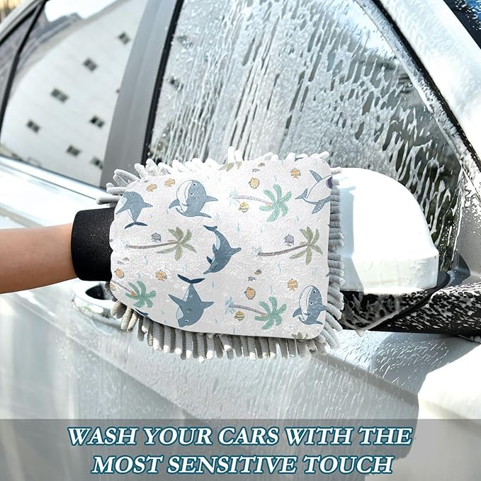 Qilmy Shark Pattern Microfiber Chenille Car Wash Sponge Scratch Free Car Wash Mitt Absorbent Mitt Sponge for Trucks SUVs Car Washing Home Cleaning, Medium