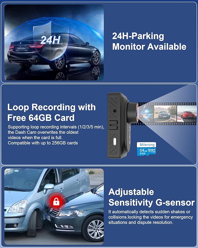 4K Dash Cam Front and Rear Camera with Voice Control,Car Cameras Dashcam for Cars with WiFi, GPS, 64G Card, 24H Parking Monitor, G-Sensor,IR Night Vision,Loop Recording