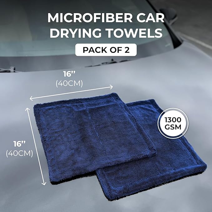 2X Medium Car Drying Towel, 1300 GSM Professional Car Towel with Double Twisted Loop,Super Absorbent Large Microfiber Drying Towels for Cars, Trucks, SUVs - 16"x16" 2-Pack, Navy