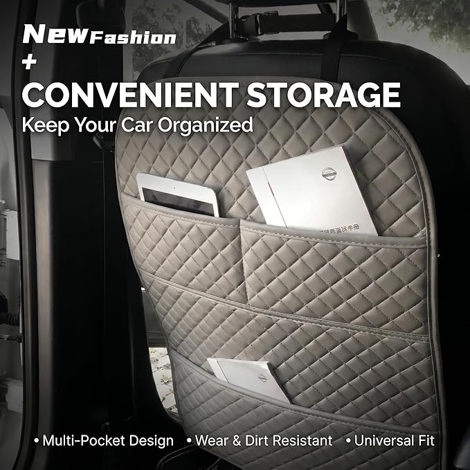 2 Pack Luxury PU Leather Car Seat Back Protector, Waterproof Kick Mats for Kids, No-Sag Backseat Organizer with Sleek Storage Pockets, Easy to Clean Auto Interior Accessories for SUV & Sedan (Grey)
