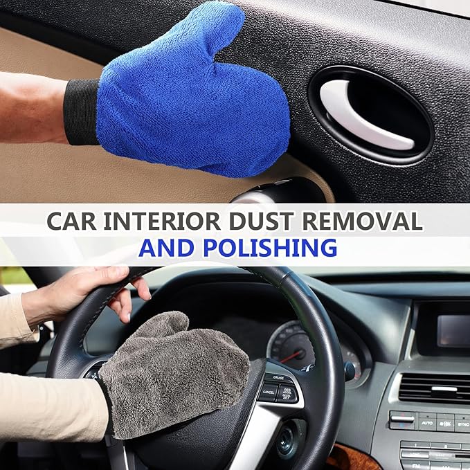 Teenyyou 6 Pcs Microfiber Dusting Mitt Car Wash Mitts Cleaning Glove with Thumb Reusable Terry Dusting Gloves with Elastic Wrist Cuff for Car Wheel Plants House Kitchen(Blue, Grey,8.85 x 7.08 Inch)