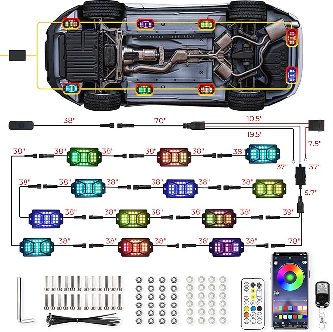 12 Pods 252 LEDs 5 Sides RGB Rock Lights, App/2 Remote Control Rock Lights for Trucks, Waterproof Multi-Color Bright Underglow Kits,Music Mode,Compatible with 12V Jeep UTV SUV ATV Golf RZR(Patented)