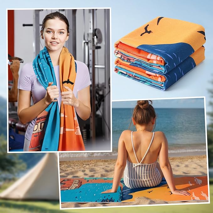 Hahafelt 2 Pack Car Seat Towel Covers Athletic Running Towel Performance Microfiber Post Workout Sweat Washable Cover Non Slip for Seat Outdoor Sport (Beach Camping)
