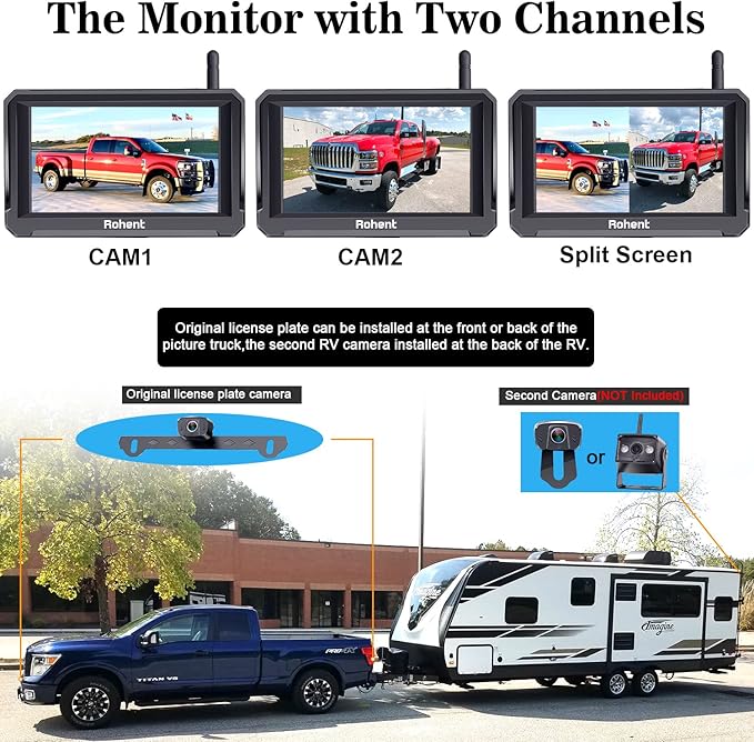 Rohent R3 HD 1080P Digital Wireless Backup Camera with 5'' Monitor License Plate Hitch Rear View Camera System for Cars,Trucks,Campers IP69 Waterproof Front/Rear View Switchable 8 IR Night Vision
