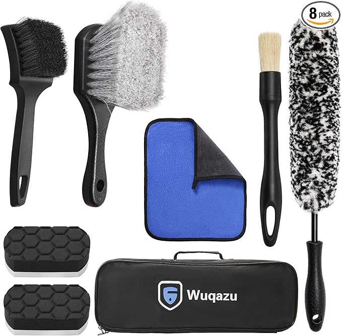 8PCS All-in-One Wheel & Tire Cleaning Kit - 360° Flexible Synthetic Wool Rim Brush, 2 Dual-Hardness Brushes, Dressing Pads & Storage Bag | Scratch-Free for All Vehicles