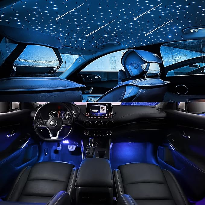 AKEPO 3in1 Fiber Optic Lights Kit APP Control Headliner Starlight, Shooting Star+Music Sync Activated Under Dash Interior LED Light and 6W RGBW Fiber Optic Star Light, 150pcs 0.03in6.5ft Fiber Strands