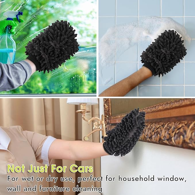 3 Pack Chenille Microfiber Car Wash Mitt, 7" x 9.6" Car Washing Mitts, Home Dusting Gloves, Scratch Free Lint-Free, Highly Absorbent, Double Sided, for Cleaning Detailing Polish (Grey)