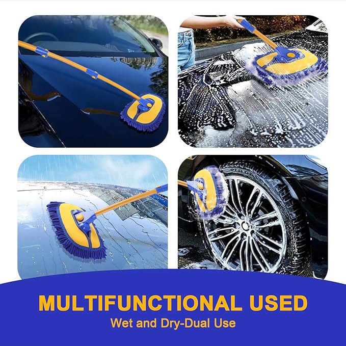 15° Curved Car Wash Brush with 43" Telescopic Handle – Microfiber Chenille Car Wash Mop for RV, SUV, Truck & Boat – Soft, Scratch-Free Extendable Cleaning Tool (Blue&Yellow)
