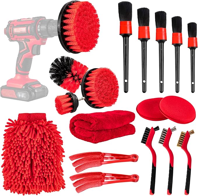 Amiss 18 PCS Car Cleaning Tools Kit, Car Detailing Brush Set with Driller Attachment Set, Car Wash Kit, Car Cleaning Brushes for Cleaning Interior, Exterior, Wheels, Etc. (Red)