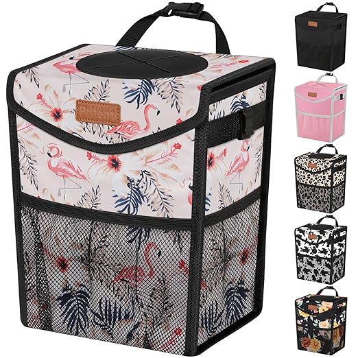 Pritent Car Trash Can with Lid, Cute Leakproof Car Trash Garbage Bag Hanging Vehicle Trash Bin Small Portable Automotive Garbage Cans Organizer for Back/Front Seat(Trapezoid,Flamingo Print