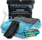 Crystal Clean 1300GSM Microfiber Towels for Cars – XL Drying Towel with Double Twisted Loop, Professional Detailing Towel Car Detailers - Quick Dry, Paint Safe & Swirl-Free (Grey+Blue)