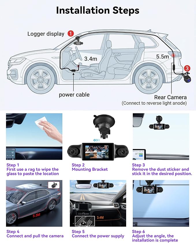 SIXTOP 360 Degree View 4 Channel Dash Cam, 2K Front and 1080P Rear Inside Left Right HD Dash Cam Camera for Cars WiFi & APP Control 8 IR Night Vision Loop Recording G-Sensor Parking Monitoring