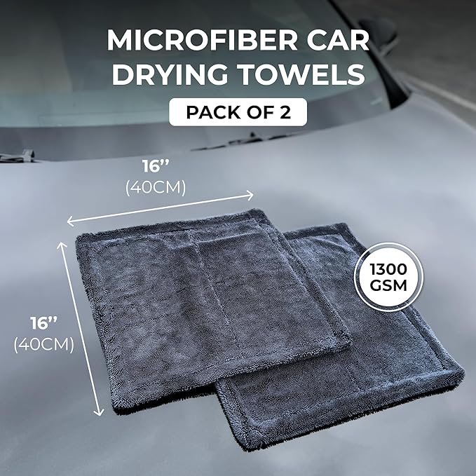 2X Medium Car Drying Towel, 1300 GSM Professional Car Towel with Double Twisted Loop,Super Absorbent Large Microfiber Drying Towels for Cars, Trucks, SUVs - 16"x16" 2-Pack, Gray