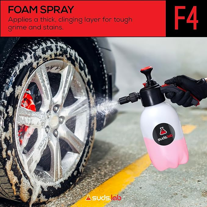 Suds Lab F4 Foaming Pump Sprayer with 70 oz UV Resistant Canister & Ergonomic Handle – Handheld Dual-Action Atomizer Car Foam Sprayer for Detailing, Garden & Home Use