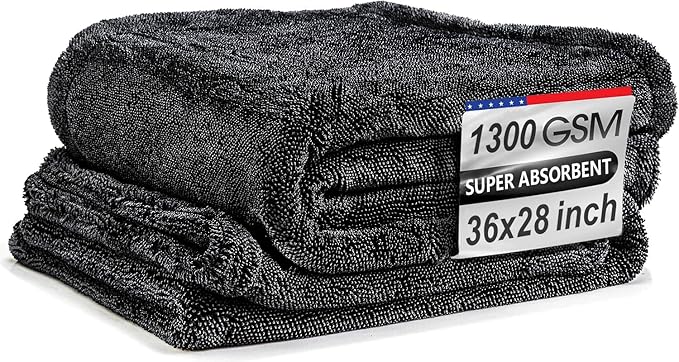 Premium Car Drying Towel, 36x28 inch XL Microfiber Towel, 1300 GSM Microfiber Cleaning Cloth, Super Absorbent, Leaves No Streaks, Scratches, or Water Spots, Dries an Entire Vehicle, Black