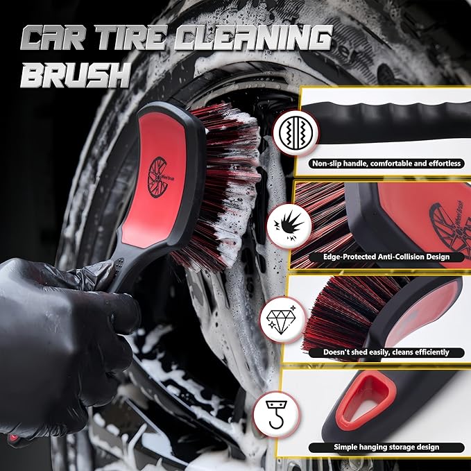 BMLEI Wheel & Tire Brush Set, 2 Pack Car Wheel Brush & Tire Cleaner Brushes, Soft Bristle Rim Brush and Stiff Tire Scrub Brush, Scratch-Free Wheel Cleaning Kit for Car Detailing, Trucks, SUVs