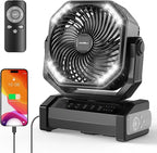 AddAcc 20000mAh Rechargeable Camping Fan - Battery Operated Fan with Light & Remote, Auto Oscillating, 4 Timer, 60 Hrs Work Cordless Tent Fan for Travel Outdoor RV Garage Power Outage Emergency