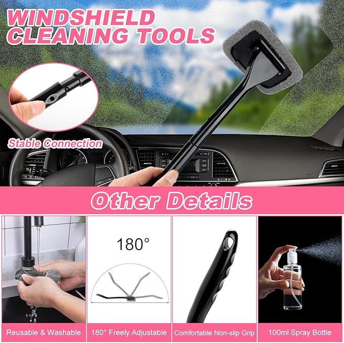 AUTODECO 41Pcs Car Cleaning Wash Kit Interior Detailing Cleaner Kit with High Power Handheld Vacuum, Collapsible Bucket, Windshield Tool, Snow Shovel, Tire Brush, Complete Car Care Tools, Pink