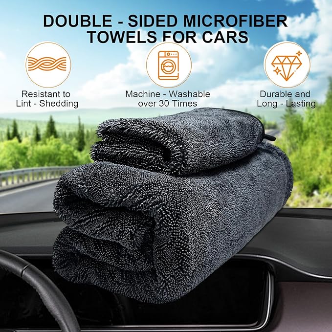 KZKR 2 Pack Car Drying Towel, Dual Sided Microfiber Cleaning Towels (24x35+16x16), 1300GSM Ultra Absorbent, Streak Free, No Scratch, Machine Washable