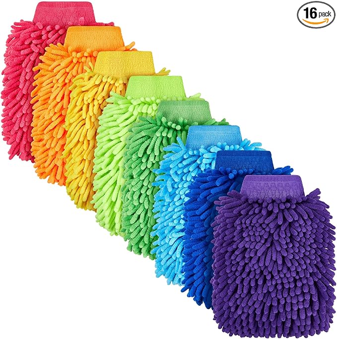 Toulite 16 Pcs Car Wash Mitt Chenille Microfiber Wash Mitt Double Sided Glove Cleaning Drying Mitts (7.48 x 10.24 Inch,Bright Colors)