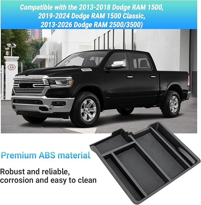 Center Console Organizer Compatible with 2013-2024 Dodge RAM 1500/1500 Classic, 2013-2026 RAM 2500/3500 Accessories, Armrest Storage Box Tray (Only fit for Jump Seat with Three Cup Holders)