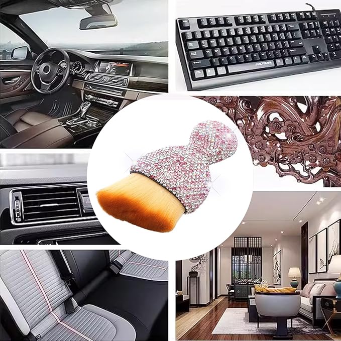 Car Interior Brush Blingbling Car Accessories for Women,Dust Sweeping Soft Brush with Rhinestone Handle,Detailing Brush Cleaner for Dashboard, Air Conditioner Vents, Computer Keyboard, etc (Pink)