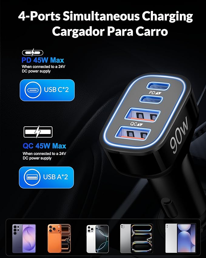 90W 4-Port USB C Super Fast Car Charger for Samsung Galaxy S26/S25/S24/S23/S22 Ultra, iPhone 17/16/15 Pro Max, Android, Type C Fast Charging Car Phone Charger Adapter Accessories + 3FT USB-C Cable