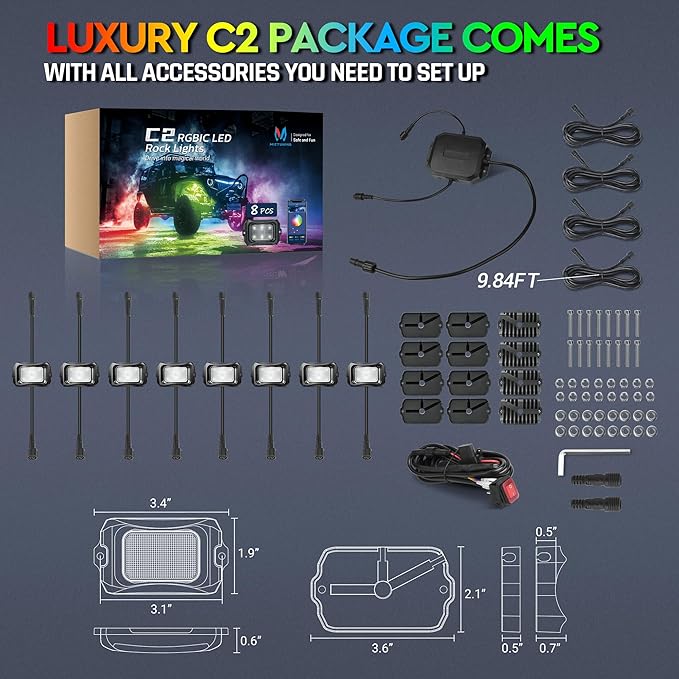 MICTUNING C2 Max RGB+IC Chasing Color Rock Lights - 8 Pods Underglow Lighting Kit, Dynamic Lighting Modes, Extensible Up to 24 Pods with Stable APP Control, IP68 Waterproof, DIY Effect