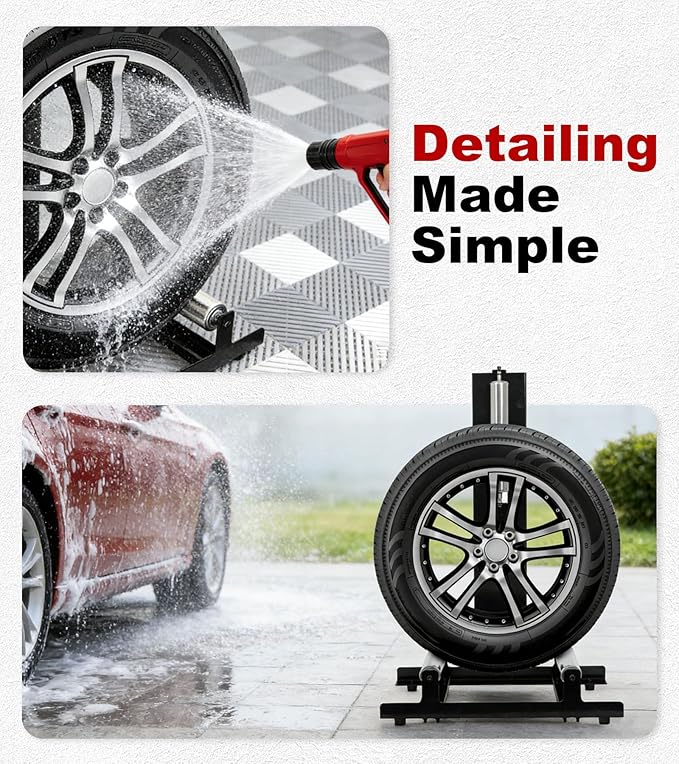 360° Rolling Wheel Detailing Stand, Heavy Duty Steel Wheel Cleaning Stand for Tire, Rim Polishing, Ceramic Coating, Car & Motorcycle Wheel Roller Stand