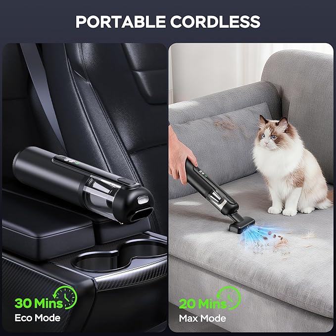Portable Car Vacuum Cordless, 18000Pa 4-in-1 Suction Power Mini Vacuum Cleaner, 120W Brushless Motor Handheld Vacuum Cordless Rechargeable, 7800mAh Battery, LED Light, Black