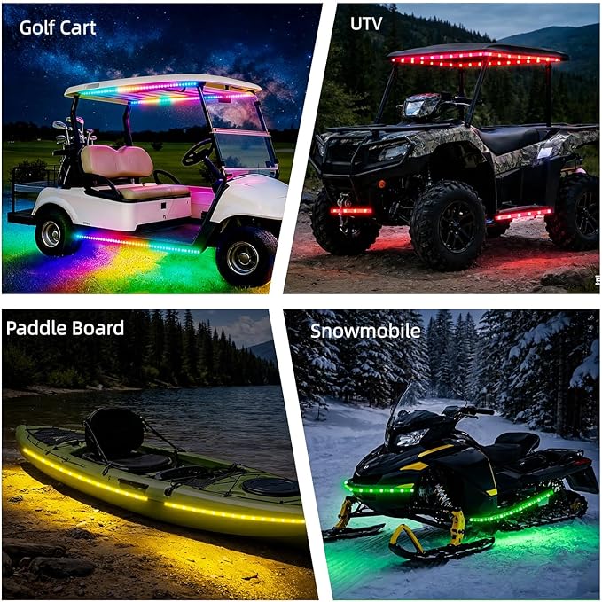 Battery Powered Golf Cart Canopy Lights, 2 Pack 4FT IP68 Fully Waterproof Golf Cart Roof Light Strip with Remote, Golf Carts Underglow RGB Led Strip Lights for EZGO Yamaha Marine Boat Kayak SUP UTV
