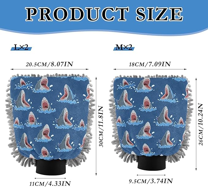 Qilmy Cartoon Sharks Pattern Microfiber Chenille Car Wash Sponge Scratch Free Car Wash Mitt Absorbent Mitt Sponge for Trucks SUVs Car Washing Home Cleaning, Medium