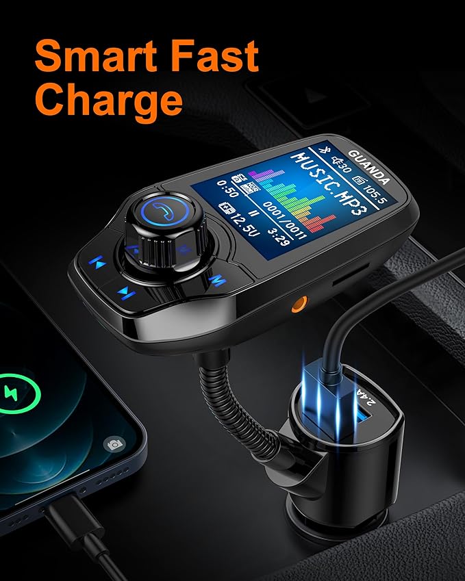 Upgraded Bluetooth FM Transmitter for Car, Wireless Radio Adapter Kit W 1.8" Color Display Hands-Free Call AUX in/Out SD/TF Card USB Fast Charge 18W for All Smartphones Audio Players - Black