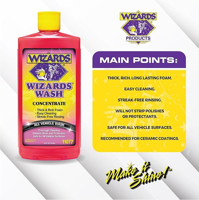 Wizards Car Wash - Super Concentrated Car Wash Soap - No Salt Biodegradable Car Wash Soap With Thick Foam - Exterior Care Products For Marine Use - Foam Cannon Soap For Car Washing Supplies - 16 oz