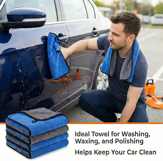 4 Pack Microfiber Towels for Cars, 15.7 x 15.7 inch Thick Plush Cleaning Cloth, Highly Absorbent Professional Grade Drying Towel Set for Car Detailing Household Cleaning, 800GSM(Blue/Grey)